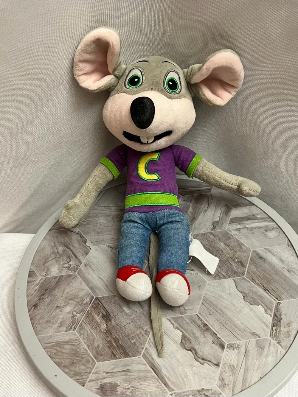 Chuck E. Cheese Plush Mouse Stuffed Animal Purple Shirt 10”